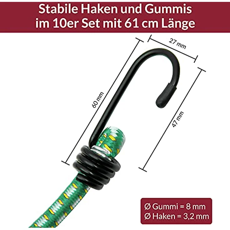 Deuba 10x Spanngummi Set Metallhaken 61cm Expander Gepäckspanner Universal Gepäckgummi Spannseil – Bild 3