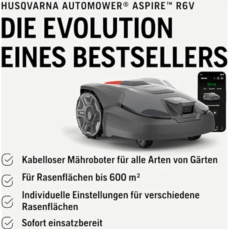 Husqvarna Automower® Aspire R6V, Rasenmähroboter für Flächen bis 600 m², ohne Begrenzungskabel, Objekterkennung, GPS-Navigation, WLAN-Steuerung – Bild 2