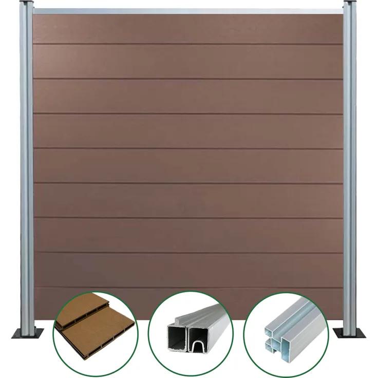 Woodstore24 WPC Sichtschutzzaun Braun, Komplettset 4 Zaun-Elemente & 5 Pfosten, wetterbeständig, 185 cm x 180 cm, inkl. silber eloxierten Pfosten