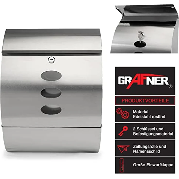 Grafner Edelstahl Briefkasten mit Zeitungsrolle und 3 Sichtfenstern Postkasten – Bild 2