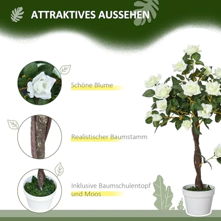 Outsunny Kunstpflanze groß 90 cm Rosenbaum im Topf, künstliche Pflanze, Weiß, für moderne Dekoration ohne Pflegeaufwand – Bild 4