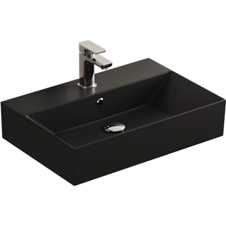 Aqua Bagno | Eckiges Waschbecken mit dünnem Rand, schwarz matt, Aufsatzwaschbecken, hochwertige Keramik | 600 x 420 mm – Bild 1