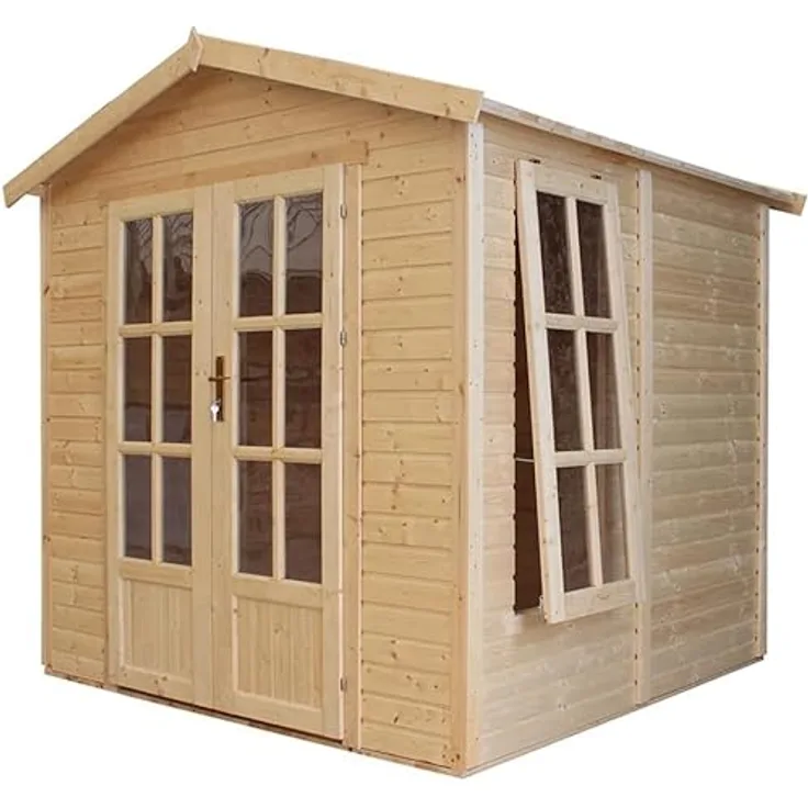 TIMBELA Garten Holzhaus mit Bitumenschindeln der schwarz Farbe, B233xT222xH233 cm, Modernes Gartenhaus als Home-Office, Abschließbares Gartenhaus, Home Office im Garten oder Garten-Studio M351FB