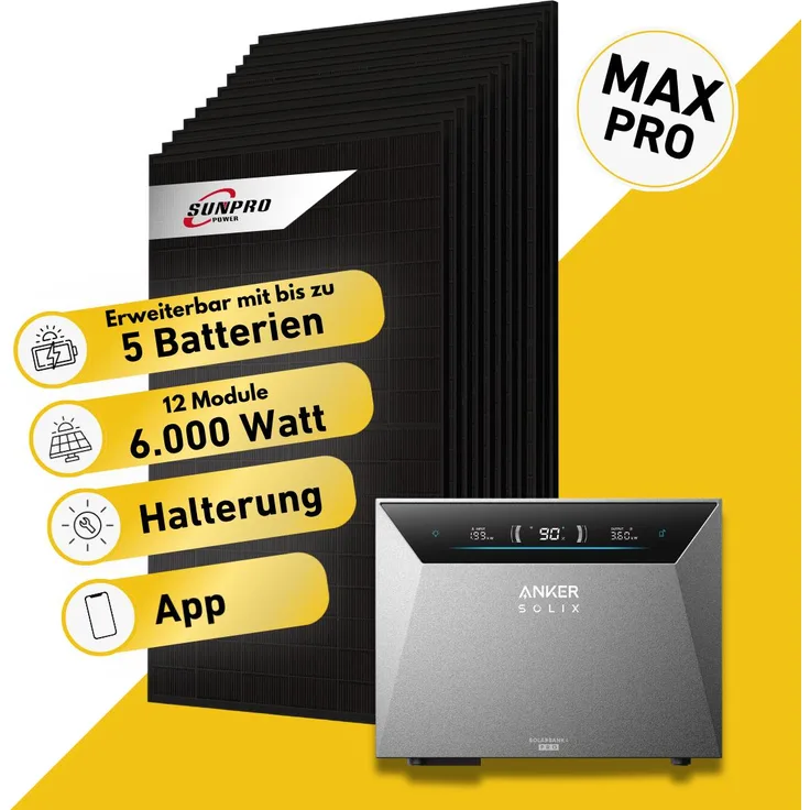 Balkonstrom Balkonkraftwerk 6000W Solaranlage mit Speicher, 12 bifaziale Solarmodule, Anker Solix 4 Pro, 15m Kabel