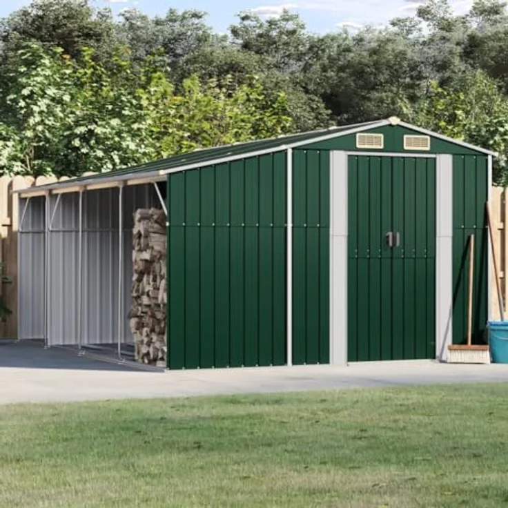 vidaXL Gerätehaus, Gartenhaus mit Schrägdach Griffe, Gartenschuppen Schuppen mit Stauraum, Geräteschuppen Metallschuppen, Grün 277x365,5x179 cm Verzinkter Stahl – Bild 2