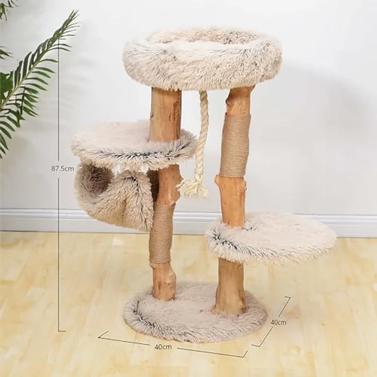 Fudajo Kratzbaum mit Holz und Plüsch 87,5 cm hoch, Designer Katzenkratzbaum mit Birnbaumholz, Katzenbaum mit Hängematte, Katzenmöbel mit Liege, helle Plüschdesign – Bild 5