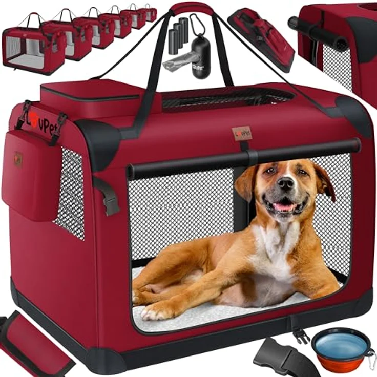 Lovpet® Transportbox Hund Katze Transporttasche L 70x52x52cm | Faltbares Stahlrohr, Waschmaschinenfest, Bordeaux/Rot – Bild 1