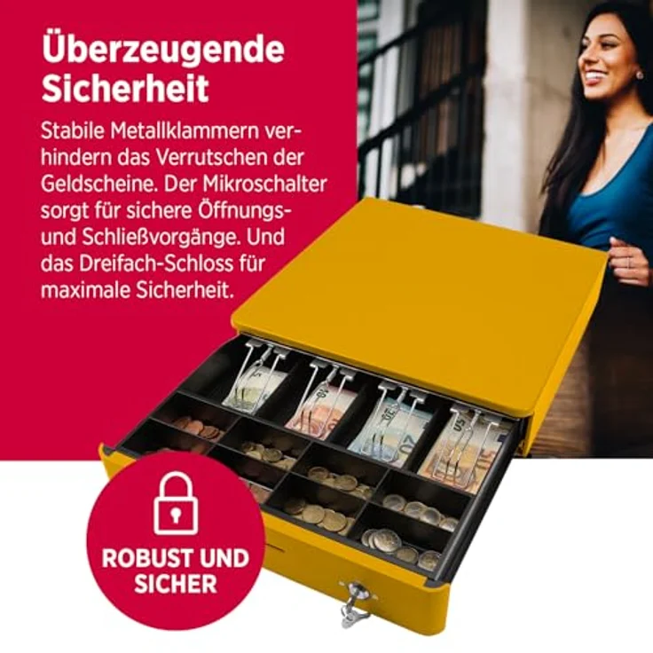 Olympia M 405 Gelb, Kassenlade mit 8 Münzfächern und 4 Scheinfächern, aus robustem Vollmetall, elektrisch ansteuerbar mit Schloss und RJ11/RJ12-Anschluss – Bild 4
