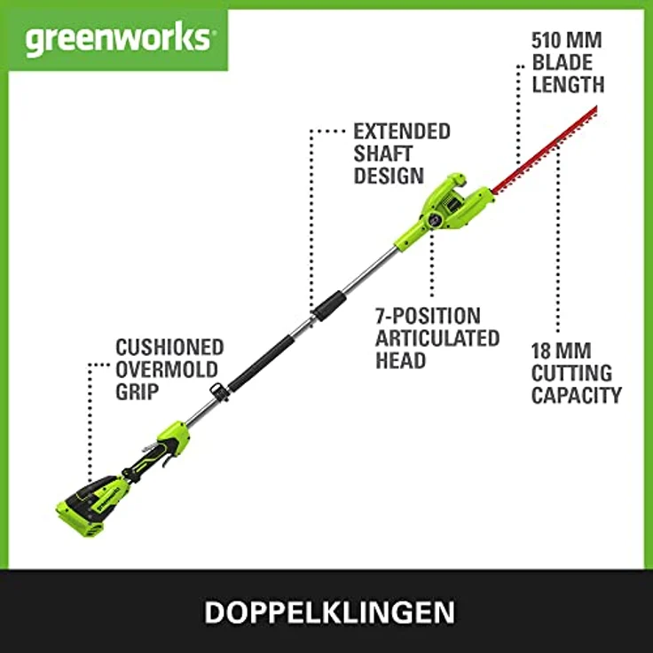 Greenworks Akku Teleskop Heckenschere G40PHA (Li-Ion 40V 51 cm Schwertlänge 18 mm Zahnabstand 3200 Schnitte/Min bis auf 250cm ausziehbarer Schaft mit 2Ah Akku und Ladegerät) – Bild 2