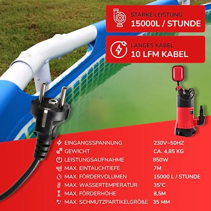 Belko® Schmutzwasserpumpe 850W 15000 l/h Tauchpumpe Pumpe Garten mit Schwimmer Brunnenpumpe, robuste Bauweise in schlagfestem Kunststoff – Bild 3