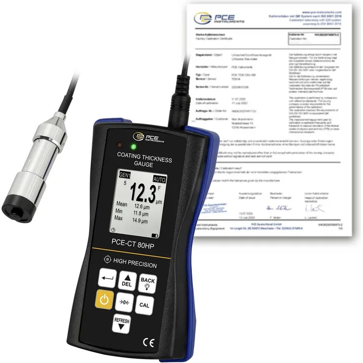 PCE Instruments Schichtdickenmessgerät PCE-CT 80HP-FN2-ICA, 0…2000µm für Fe/NFe, inkl. ISO-Kalibrierzertifikat, mit Software und 2000 Messwert-Speicher