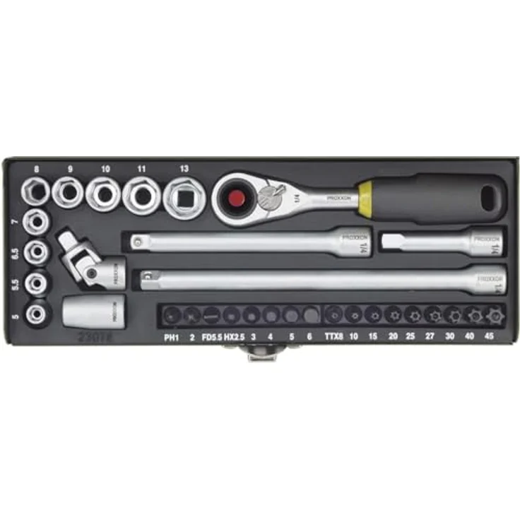 PROXXON INDUSTRIAL Bohrer- und Bitset 23078, 32-teilig mit 1/4" MICRO-Kompaktratsche und starkem Magneteinsatz, im stabilen Stahlkasten – Bild 2
