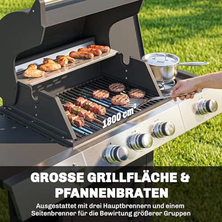Outsunny Gasgrill 10,5 KW 3+1 Brenner, BBQ Grillwagen aus Edelstahl mit Seitenbrenner, Flaschenöffner, Thermometer, Gusseisen-Grillrost und Warmhalterost, mobil mit Rollen, ideal für Balkon und Partys – Bild 3