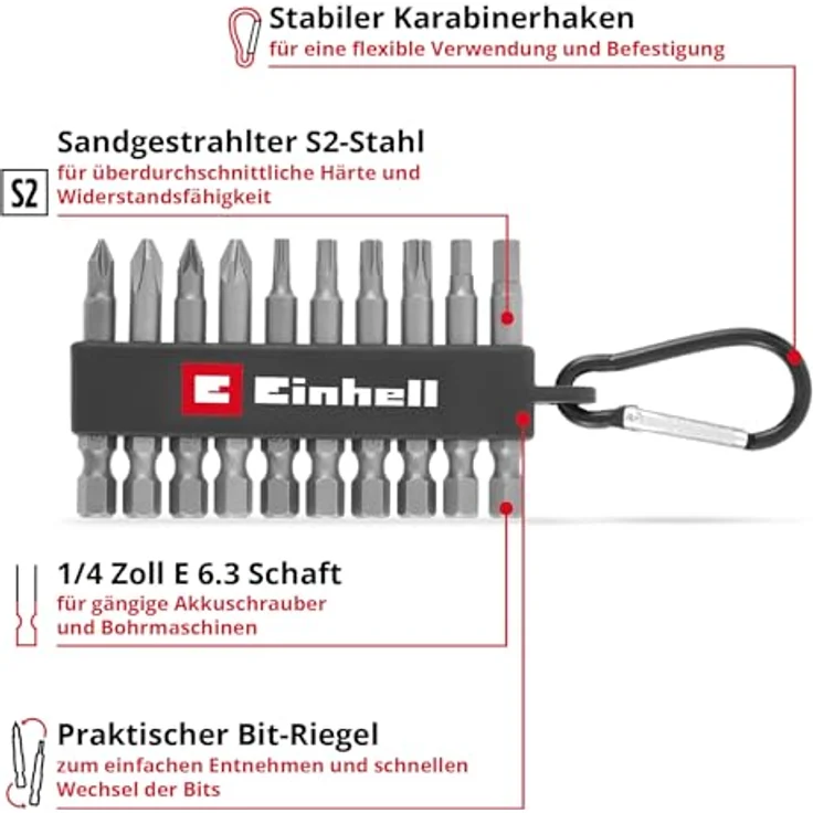 Einhell Bohrer- und Bitset EINHELL Bit-Set 10-teilig, S2-Stahl mit Karabinerhaken für Akkuschrauber und Bohrmaschinen – Bild 2