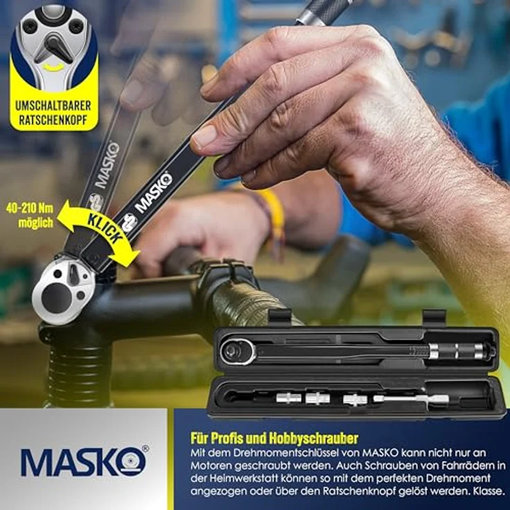 MASKO Drehmomentschlüssel 6tlg. Set 40-210Nm 1-2 ' CV inkl. 3 Stecknüssen 17mm, 19mm, 21mm und Verlängerung 125mm inkl. Koffer +- 4% Toleranz Reifenschlüssel Auto Drehmoment-Schlüssel Schwarz – Bild 4