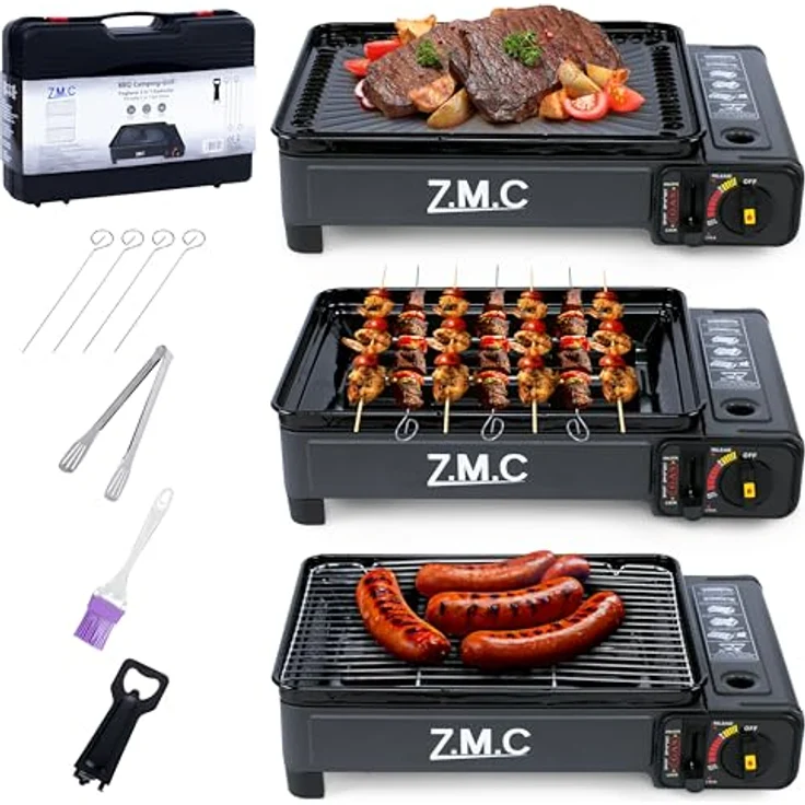 ZMC 2-in-1 Gaskocher + Gasgrill 2,2KW, inkl. Zubehör, Campingkocher mit Grillplatte + Grillrost, Tragekoffer, 3,8kg, Piezo-Zündung ohne Gaskartusche, schwarzes Design – Bild 10
