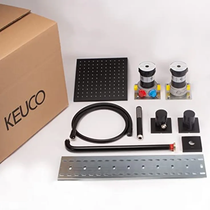 Keuco IXMO Duschsystem, Komplett-Set mit Einhebelmischer, 2 Verbraucher, Höhe 38 cm, schwarz, eckige Rosetten