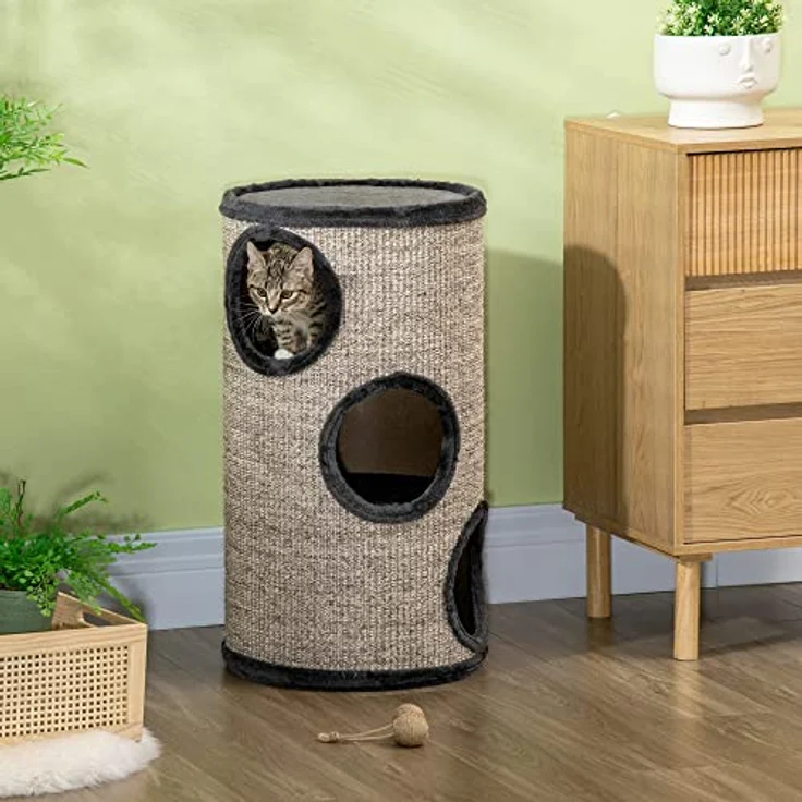PawHut Kratztonne, Höhe 70 cm, Spieltonne für Katzen, 3 Ebenen, Katzenkratzbaum mit 3 Höhlen, Katzenbaum, Kratzturm aus Sisal, Katzenmöbel, Plüsch, Grau – Bild 2