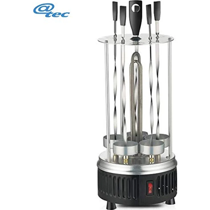 @tec Vertikaler Edelstahl Elektro-Tischgrill inkl. 5 Spieße, BBQ Vertikalgrill Rundgrill für Schaschlik-, Fleisch-, Garnelen-, Gyrosspieße Dreh-Grill Heizmodul mit Schutzgitter, 900W – Bild 2
