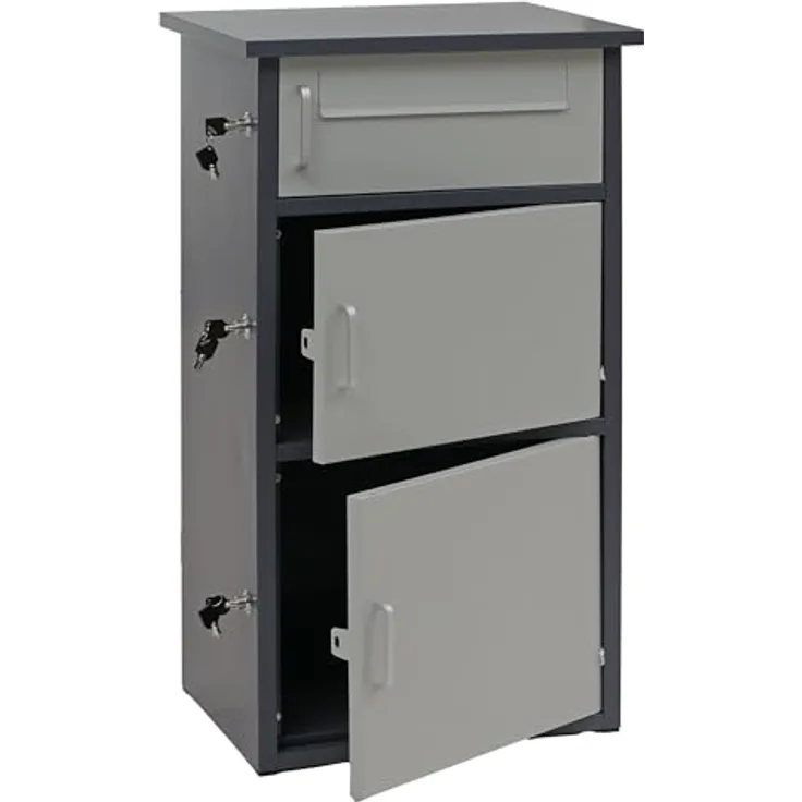 PROREGAL Paketkasten 3 Fächer, Stahl dunkelgrau/hellgrau, wetterfest, mit seitlicher Verriegelung und Bodenanker, HxBxT 89x49x38 cm