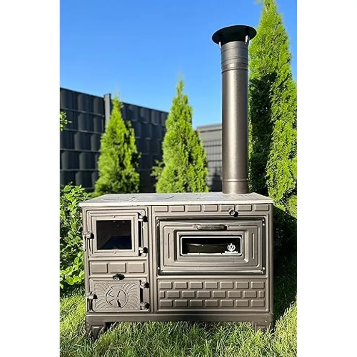 Homeparadise Outdoor-Küchenofen Terrassenofen Kuzine Soba/Gartenküche Holzofen Ofen mit Holzkohle (Brennkammertür: Glas), Schwarz / Anthrazit