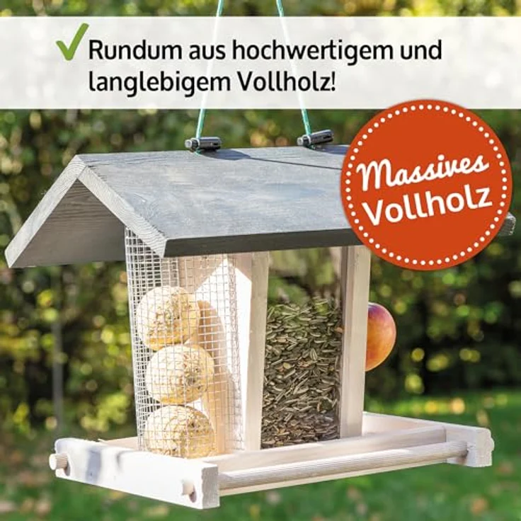 Zooprinz Vogelhaus "Bird Kitchen", Futterstation aus wetterfestem Vollholz mit Plexiglasscheiben, Schutzdach und Sitzstangen, in Weiß oder Naturbraun – Bild 4