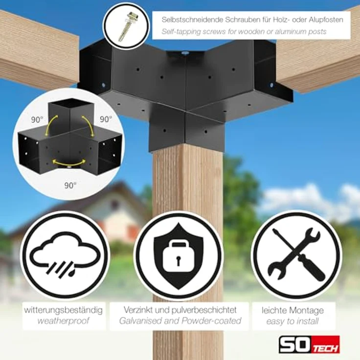 SO-TECH® Pfostenbeschlag Holzverbinder Eckverbinder, 90 x 90 mm, stark korrosionsgeschützt, schwarz pulverbeschichtet, inkl. 18 selbstschneidender Schrauben – Bild 5
