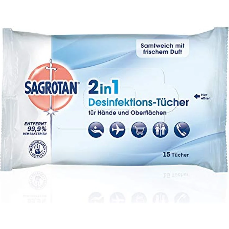 Sagrotan 2in1-Desinfektionstücher – Zum Desinfizieren von Händen und Oberflächen – 7 x 15 Feuchttücher in wiederverschließbarer Verpackung – Bild 2
