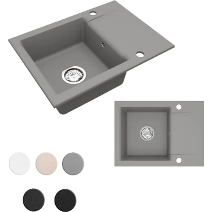 QLS Granit-Küchenspüle LUNA 1-Becken 59x44 cm, reversibel mit Abtropffläche und automatischem Siphon für 40 cm Unterschrank, grau, matt, kompakt – Bild 4