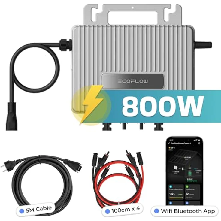 SUNNIVA EcoFlow Stream Mikro-Wechselrichter 800 W, Plug-&-Play für Balkonkraftwerk, 2× MPPT, IP67, WLAN & Bluetooth, inkl. 5 m Anschlusskabel + 4× 1 m Solar-Verlängerungskabel – Bild 2