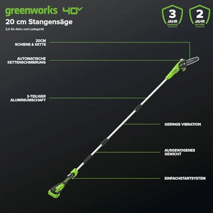 Greenworks Tools Akku-Hochentaster G40PSFK2 (Li-Ion 40V 20cm Schwertlänge 8 m-s Kettengeschwindigkeit Alustange 3-teilig inklusive 2 Ah Akku und Ladegerät) – Bild 3