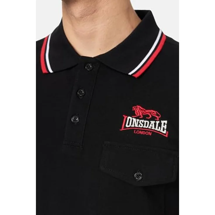 Lonsdale Poloshirt Lynton, Arbeitsshirt mit farblich abgesetzten Stickereien, gestreiften Bündchen und Brusttasche, schwarz – Bild 6