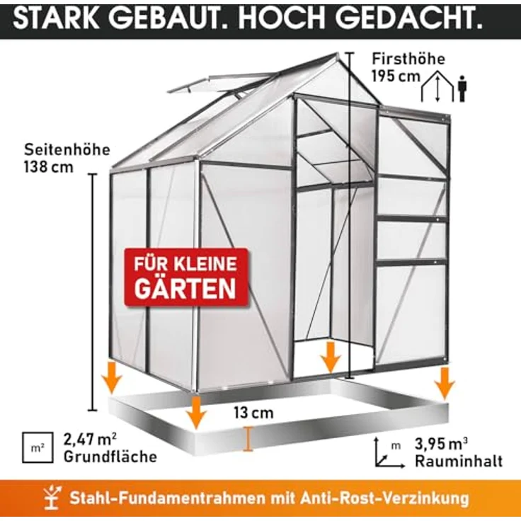 "BRAST Gewächshaus Aluminium mit Fundament rostfrei 130x190x195cm, BxTxH: 190 x 130 x 195 cm, wetterfestes hochwertiges Aluminium, Temperaturbeständig, Wärmedämmend, Lichtbrechend & UV-stabilisiert, grün" – Bild 6