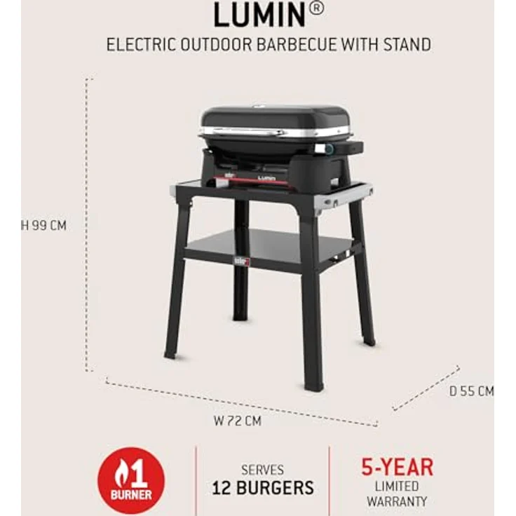 Weber Lumin Elektrogrill, mit Stand, bis zu 315 °C, Deckelthermometer, Porzellanemaillierte Gusseisenroste, 33 x 49 cm Grillfläche, Schwarz – Bild 4