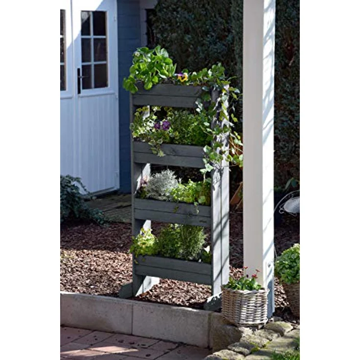 dobar® 58373FSCe Vertikales Blumenbeet Massivholz | Vertikales Hochbeet mit 4 Pflanzkästen | Vertikalbeet für Garten/Terrasse/Balkon | Blumentreppe inkl. Pflanzfolie | 55 x 40 x 125 cm | Anthrazit – Bild 2