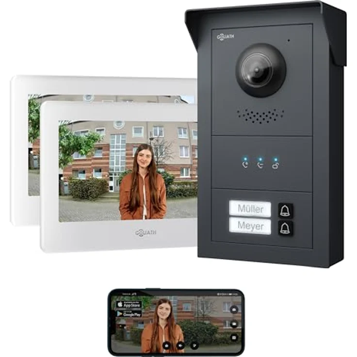 Goliath Intercom Video-Türsprechanlage Basic-Line, 7 Zoll Monitor in Weiß/Schwarz, 2-Draht Technologie, HD Kamera, für 2-Familienhaus, erweiterbar, App-fähig – Bild 1
