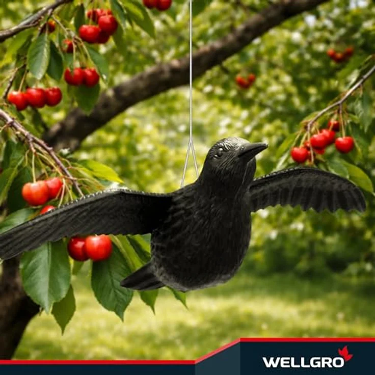 WELLGRO Vogelschreck Krähe, realistische Raben Attrappe zur Vogel- und Taubenabwehr, fliegend, schwarz, wetterfest aus Kunststoff für Balkon und Garten – Bild 4