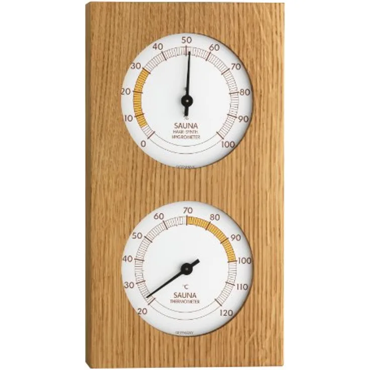 TFA Dostmann Analoges Sauna-Thermo-Hygrometer, mit Eichenrahmen, Temperatur, Luftfeuchtigkeit, hitzebeständig,L 130 x B 40 x H 242 mm