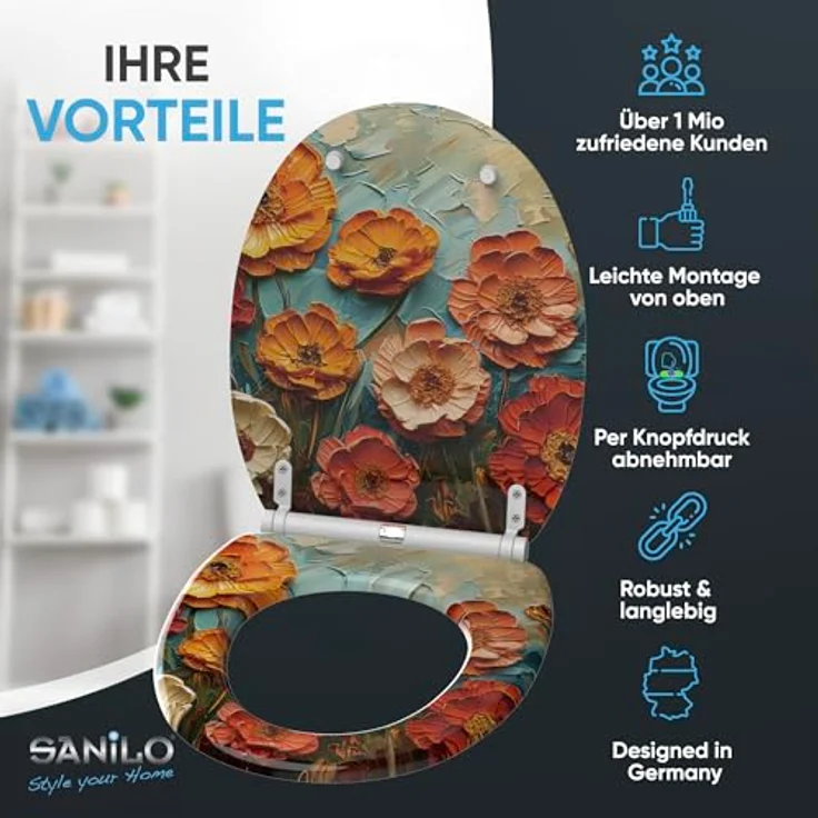 Sanilo WC Sitz mit Absenkautomatik Top Fix Florum, bruchfestes Holz mit antibakterieller Beschichtung, vielseitig einsetzbar, pflegeleicht – Bild 2