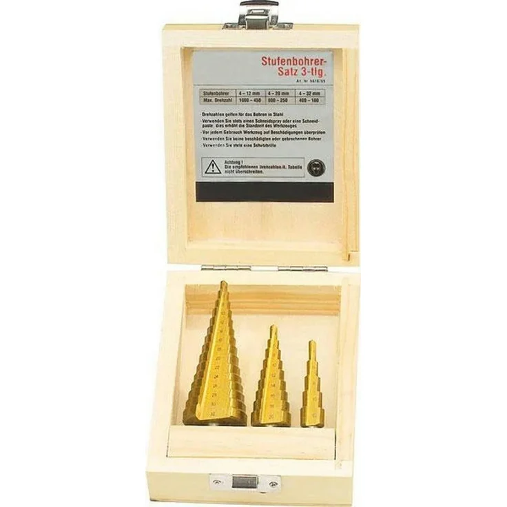 Westfalia Werkzeug Stufenbohrer Set, 3-teilig (4–12 mm / 4–20 mm / 4–32 mm), Titanbeschichtung, HSS, Holzschatulle