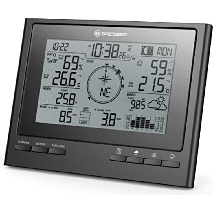 Bresser Funkwetterstation 7-in-1 ClimateScout, Wetterstation mit Aussensensor für Temperatur, Luftfeuchtigkeit, Wind- und Niederschlagsmessung, Schwarz – Bild 2