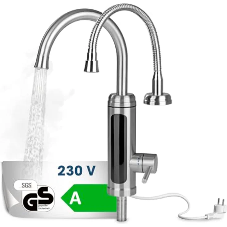 MAXXMEE Elektrische Edelstahl Armatur mit Durchlauferhitzer, 3600 Watt, 60 °C warmes Wasser, LED Temperaturanzeige, 2 wechselbare Wasserhähne – Bild 1