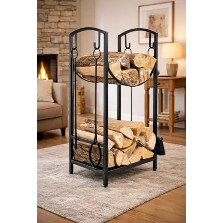 Neustein Kaminholzregal mit 4-teiligem Kaminbesteck, 75x30x40cm, aus pulverbeschichtetem Metall in Schwarz, stabil und platzsparend – Bild 2