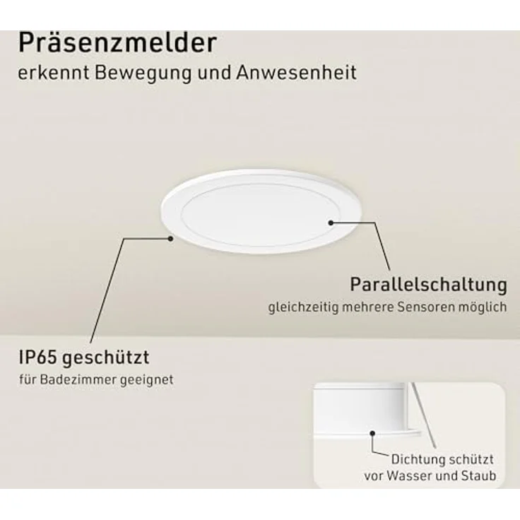 Oktaplex motion Noa Präsenzmelder Decke, 360 Grad Radar, 24GHz, IP65, flach, Weiß, 6m Reichweite, für Badezimmer geeignet – Bild 2