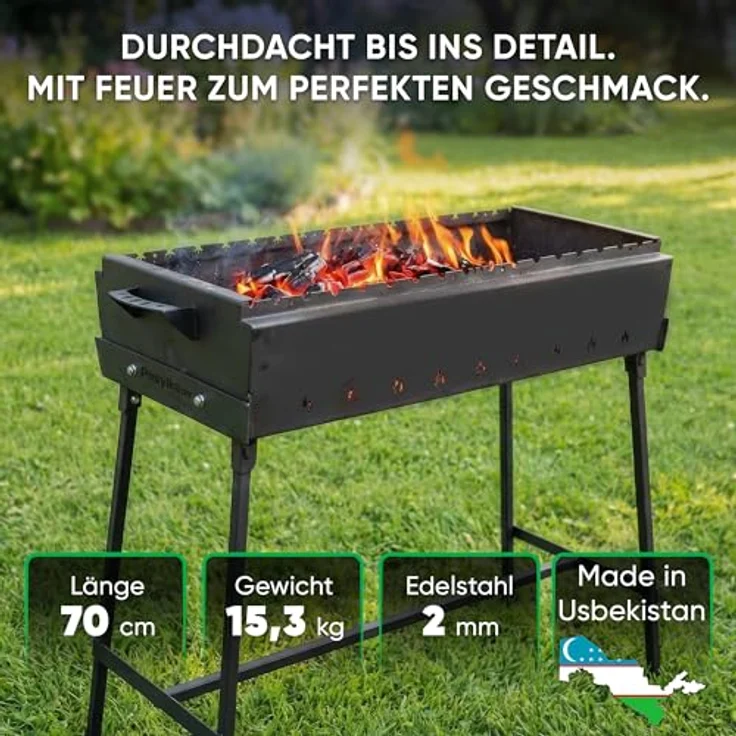 SchaschlykOFF Klappgrill Mangal 70 cm, faltbar aus 2 mm Stahl für 12 Spieße, inkl. Grillzange, BBQ Holzkohlegrill mit tiefer Brennkammer – Bild 3