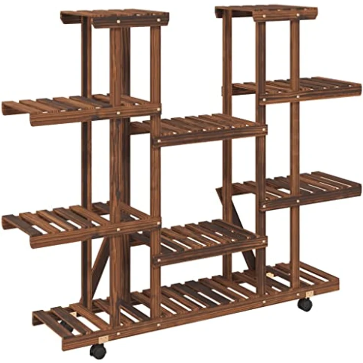 vidaXL Blumenständer, Pflanzständer mit Rollen 110x25x115 cm Massivholz Tanne, karbonisiertes Braun – Bild 7