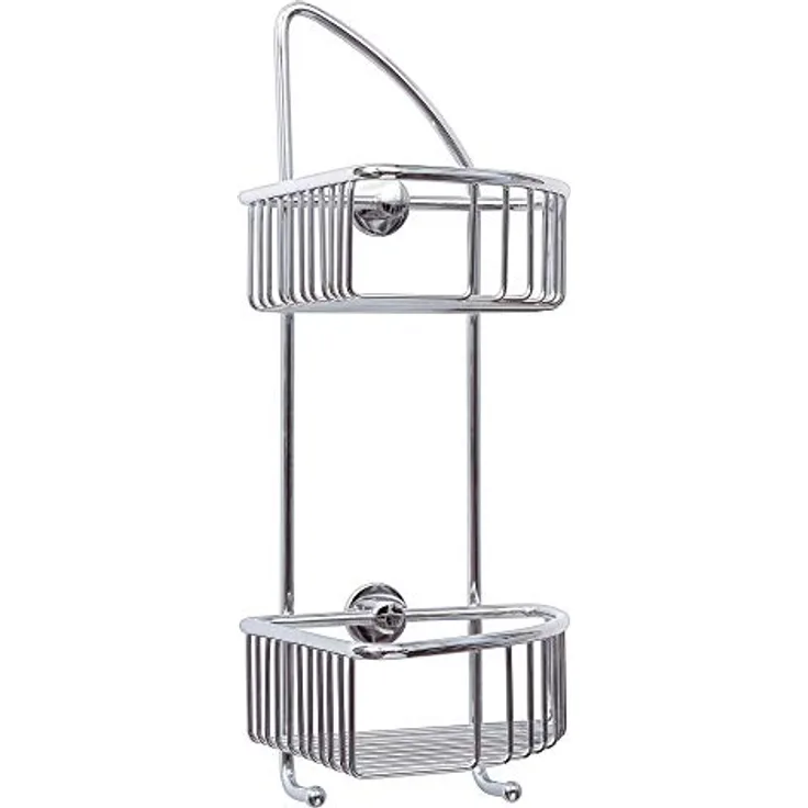 tesa draad Eck-Duschregal, zweistöckig, zwei Haken, Messing, verchromt, inkl. Klebelösung, 425mm x 180mm x 205mm