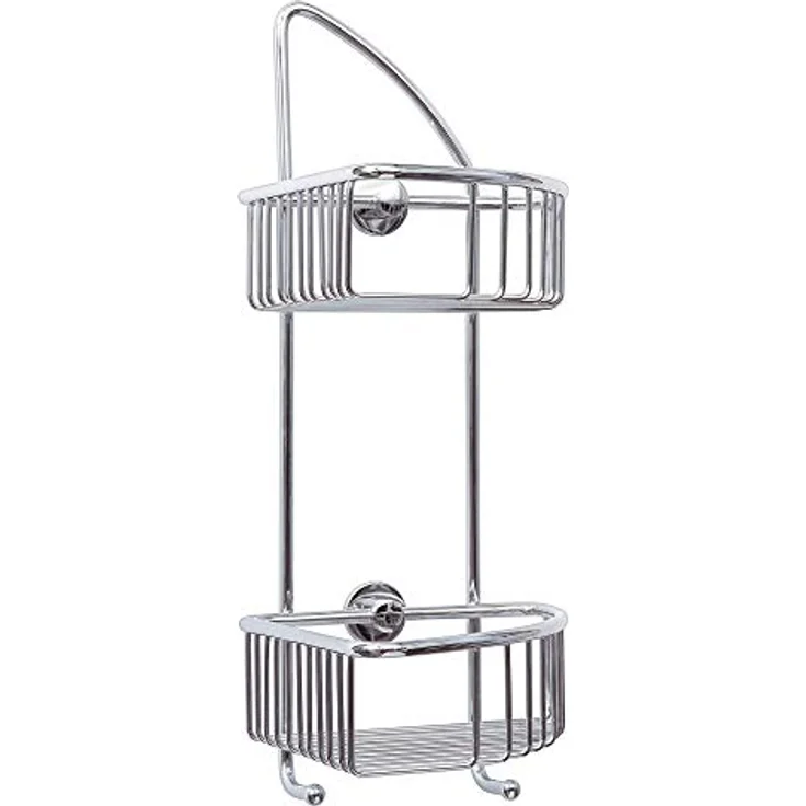 tesa draad Eck-Duschregal, zweistöckig, zwei Haken, Messing, verchromt, inkl. Klebelösung, 425mm x 180mm x 205mm – Bild 1