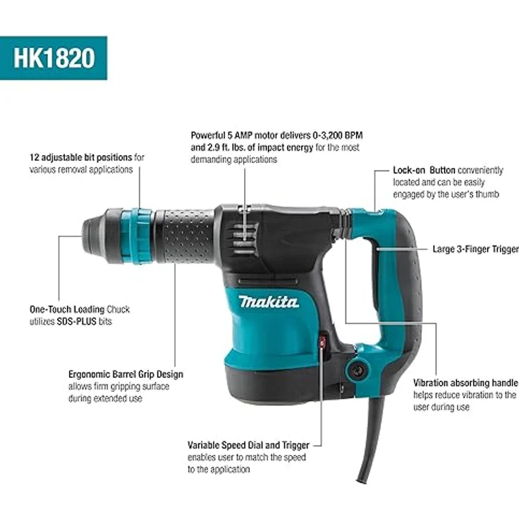 Makita HK1820 Leicht-Meißelhammer für SDS-PLUS-Werkzeuge 550 W 3,1 J mit Transportkoffer, Spitzmeißel, Flachmeißel, Bohrerfett – Bild 2