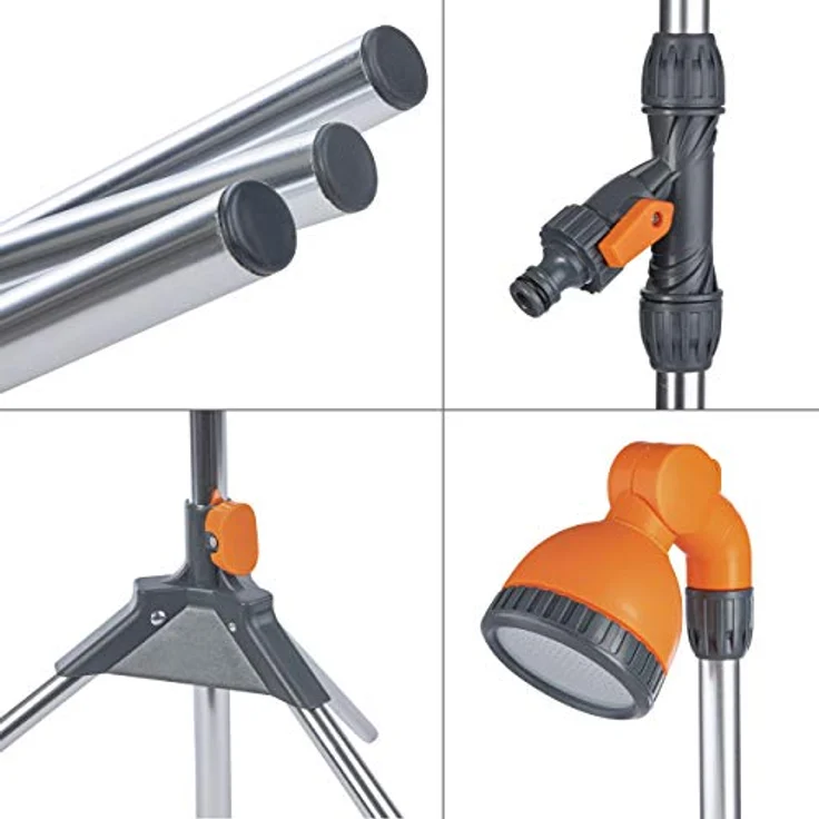 ONVAYA Gartendusche mit Stativ & Erdspieß, höhenverstellbar, silber/grau/orange, Pooldusche bis 225 cm – Bild 5